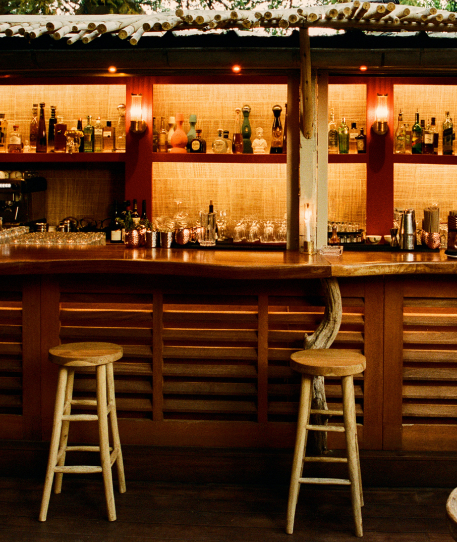 Barman au shaker derrière le comptoir, verres et bouteilles en arrière-plan – bar La Sauvageonne, Ramatuelle